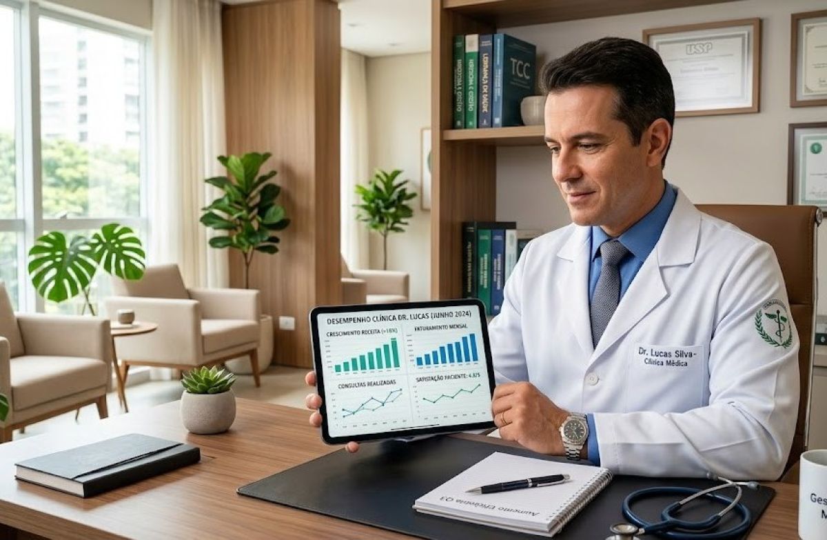 Médico com clínica própria analisando dados de crescimento do consultório.